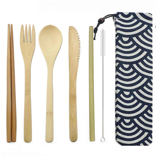 Eco-Friendly Wooden Dinnerware Set Portable Travel Tableware Set Bamboo Cutlery Set  Wooden Outdoor Utensils With Pouch