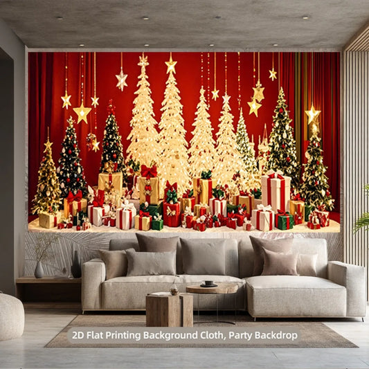 Christmas decorations with bright Christmas trees and colorful gift boxes between the red curtain: Light up the holiday dream