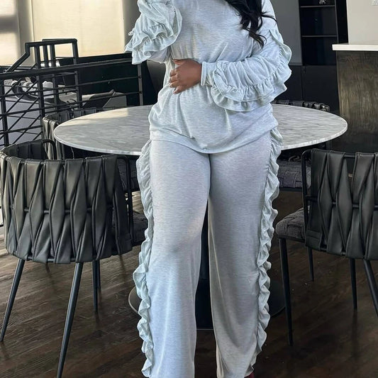 2025 Fall Outfits Woman Set Long Sleeve Ruffles Sweatshirt Tops and Wide Leg Jogger Pants Suits Lounge Wear 2 Two Piece Sets