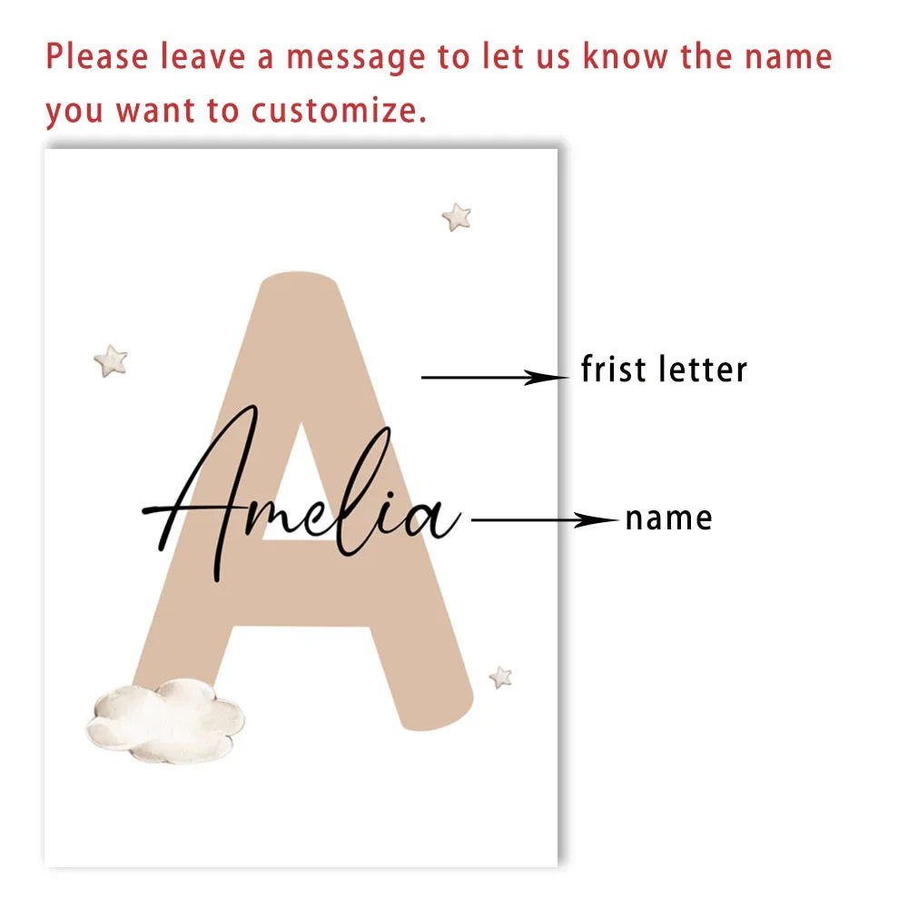 Baby Custom Name Wall Art Canvas Painting Cartoon Cute Bear Posters And Prints Nursery Nordic Wall Pictures Kids Room Decoration