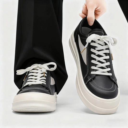 Men's Shoes 2025 New Spring Autumn Design Low Help Casual Thick Bottom Heightening Board Shoes Leather Surface