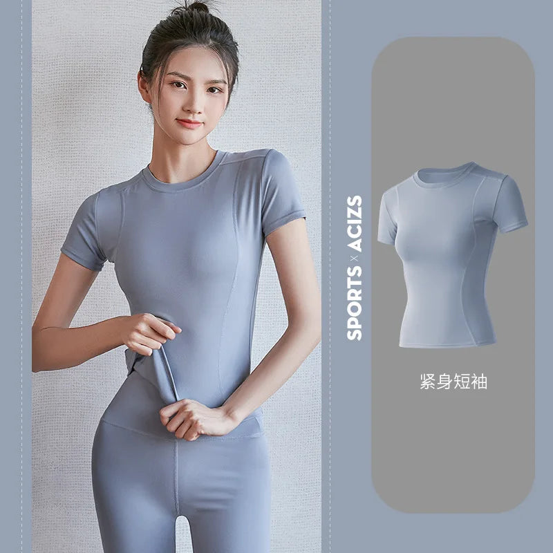 Fitness Sports T-shirt Women Solid Color V Neck Short Sleeve Moisture Wicking Athletic Shirts Top Ladies Sport Activewear Top