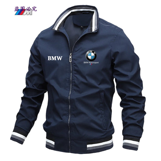 2025 New Men's and Women's Motorcycle Windproof Jacket BMW Car Logo Zipper Jacket BMW Printed Lapel Solid Color Jacket Men's