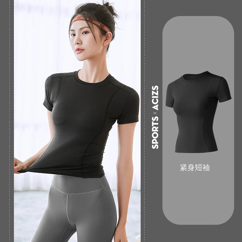 Fitness Sports T-shirt Women Solid Color V Neck Short Sleeve Moisture Wicking Athletic Shirts Top Ladies Sport Activewear Top