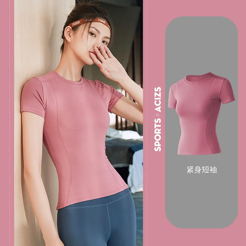 Fitness Sports T-shirt Women Solid Color V Neck Short Sleeve Moisture Wicking Athletic Shirts Top Ladies Sport Activewear Top