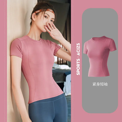 Fitness Sports T-shirt Women Solid Color V Neck Short Sleeve Moisture Wicking Athletic Shirts Top Ladies Sport Activewear Top