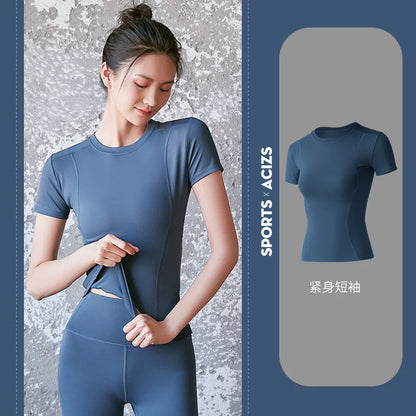 Fitness Sports T-shirt Women Solid Color V Neck Short Sleeve Moisture Wicking Athletic Shirts Top Ladies Sport Activewear Top