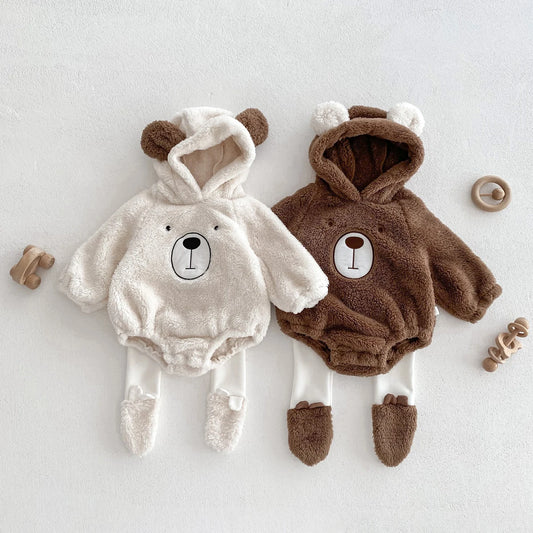 Baby Hooded Romper Bear Ears Cute Plush Baby Clothes Winter 0-2 Years Old Korean version Baby Clothes Baby Romper