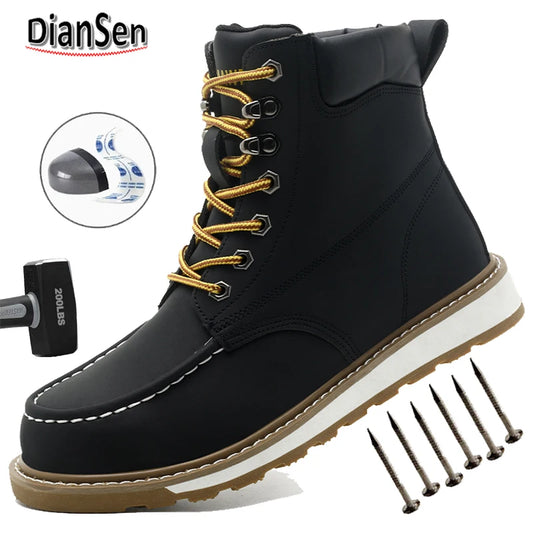 Mens High Top Safety Work Boots Water Resistant Steel Toe Shoes Slip/Oil Resistant Rubber Sole for Warehouse & Logistics Work