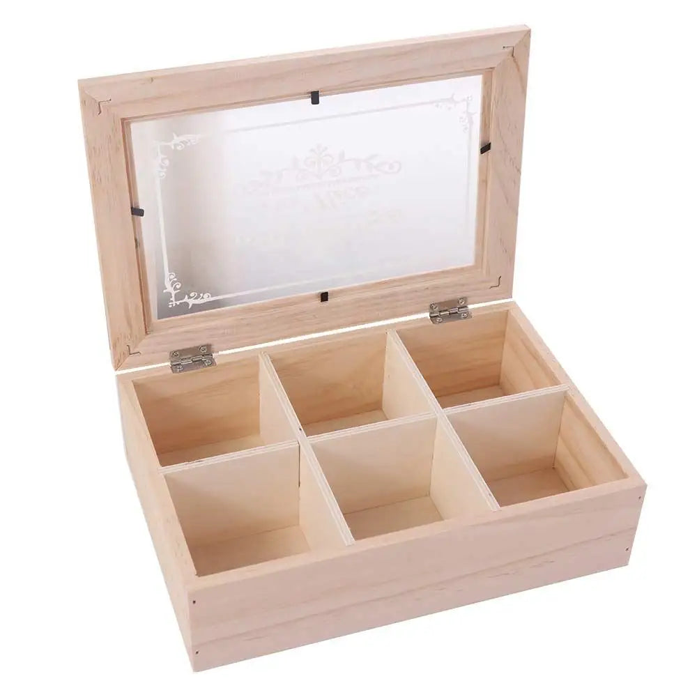 Eco-Friendly 6 Grids Wooden Tea Box Dust-proof with Clear Lid Desktop Organizer Handmade Multifunctional Tea Bag Holder Kitchen
