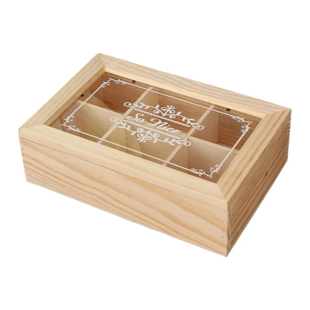 Eco-Friendly 6 Grids Wooden Tea Box Dust-proof with Clear Lid Desktop Organizer Handmade Multifunctional Tea Bag Holder Kitchen
