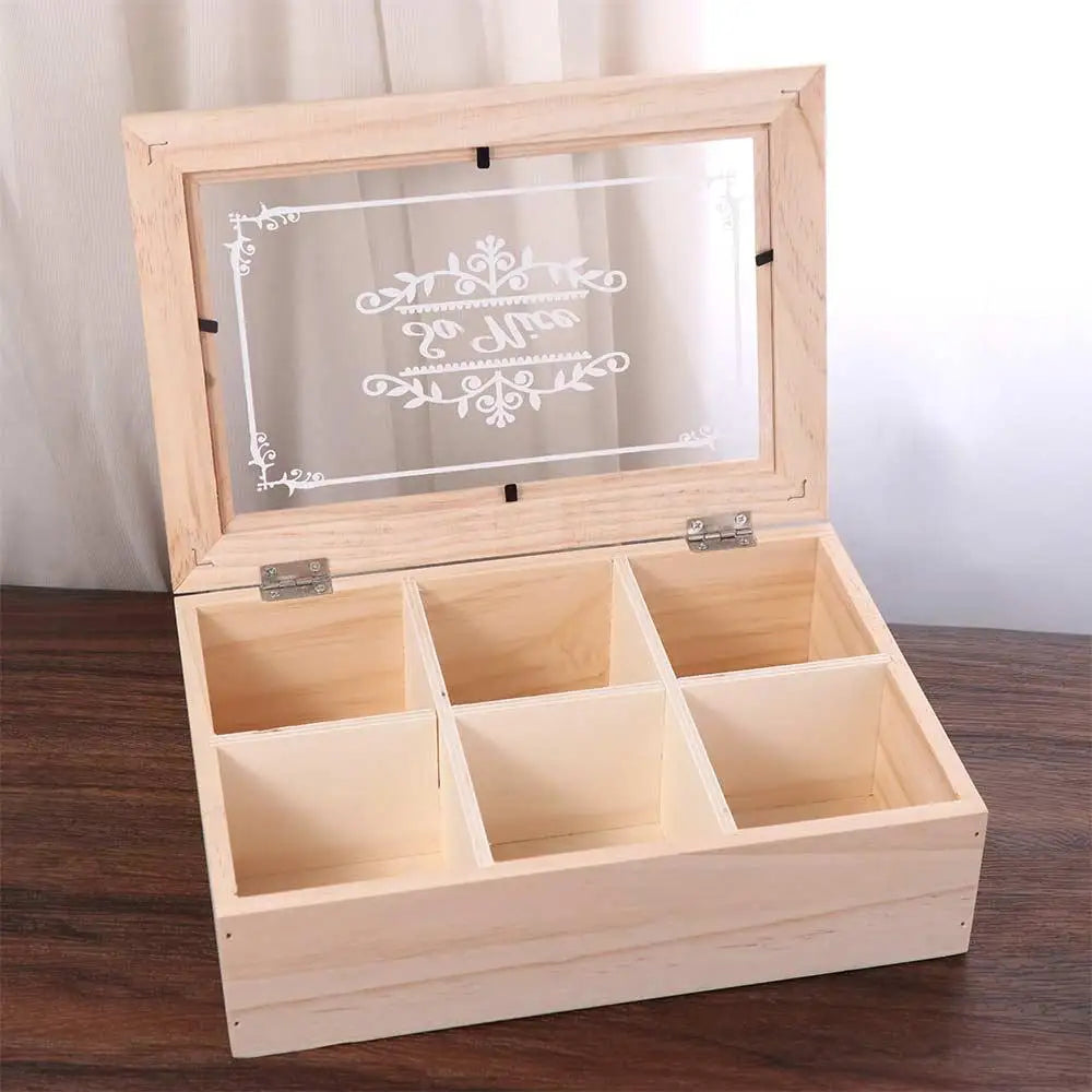 Eco-Friendly 6 Grids Wooden Tea Box Dust-proof with Clear Lid Desktop Organizer Handmade Multifunctional Tea Bag Holder Kitchen