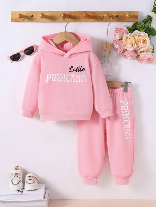 2-Piece Set for Baby Girls, Simple and Comfortable Spring and Autumn Style, Baby Girl's Hoodie with English Letter Print, Long-Sleeve Ribbed Sweatshirt + Elastic Waist Jogger Pants, Infant Fashion Trendy Stylish Clothing