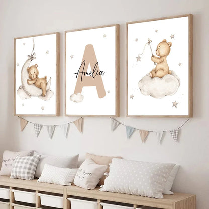 Baby Custom Name Wall Art Canvas Painting Cartoon Cute Bear Posters And Prints Nursery Nordic Wall Pictures Kids Room Decoration