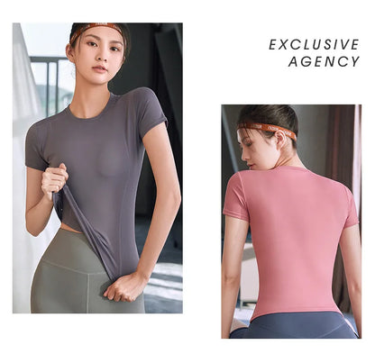 Fitness Sports T-shirt Women Solid Color V Neck Short Sleeve Moisture Wicking Athletic Shirts Top Ladies Sport Activewear Top